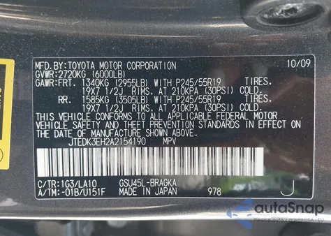 2010 Toyota Highlander Limited V6 из США, поврежденный, VIN JTEDK3EH2A2154190